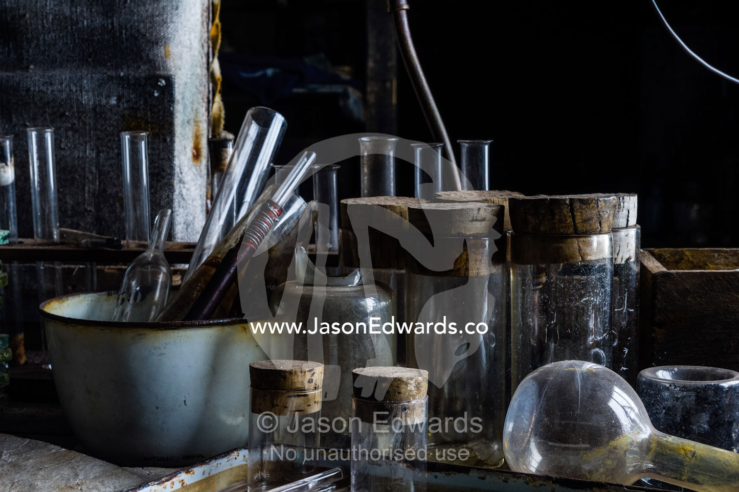 Glass pipettes, beakers and other scientific experiment equipment in the hut of Antarctic explorer Robert Falcon Scott. Scott's Hut, Cape Evans, Ross Island, Antarctica.