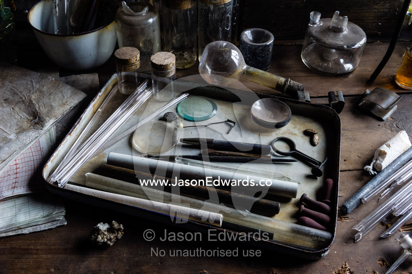 Glass pipettes, beakers and other scientific experiment equipment in the hut of Antarctic explorer Robert Falcon Scott. Scott's Hut, Cape Evans, Ross Island, Antarctica.