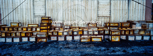Food supplies and storage boxes outside the hut of Antarctic explorer Ernest Shackleton. Shackleton's Hut, Cape Royds, Ross Island, Antarctica.