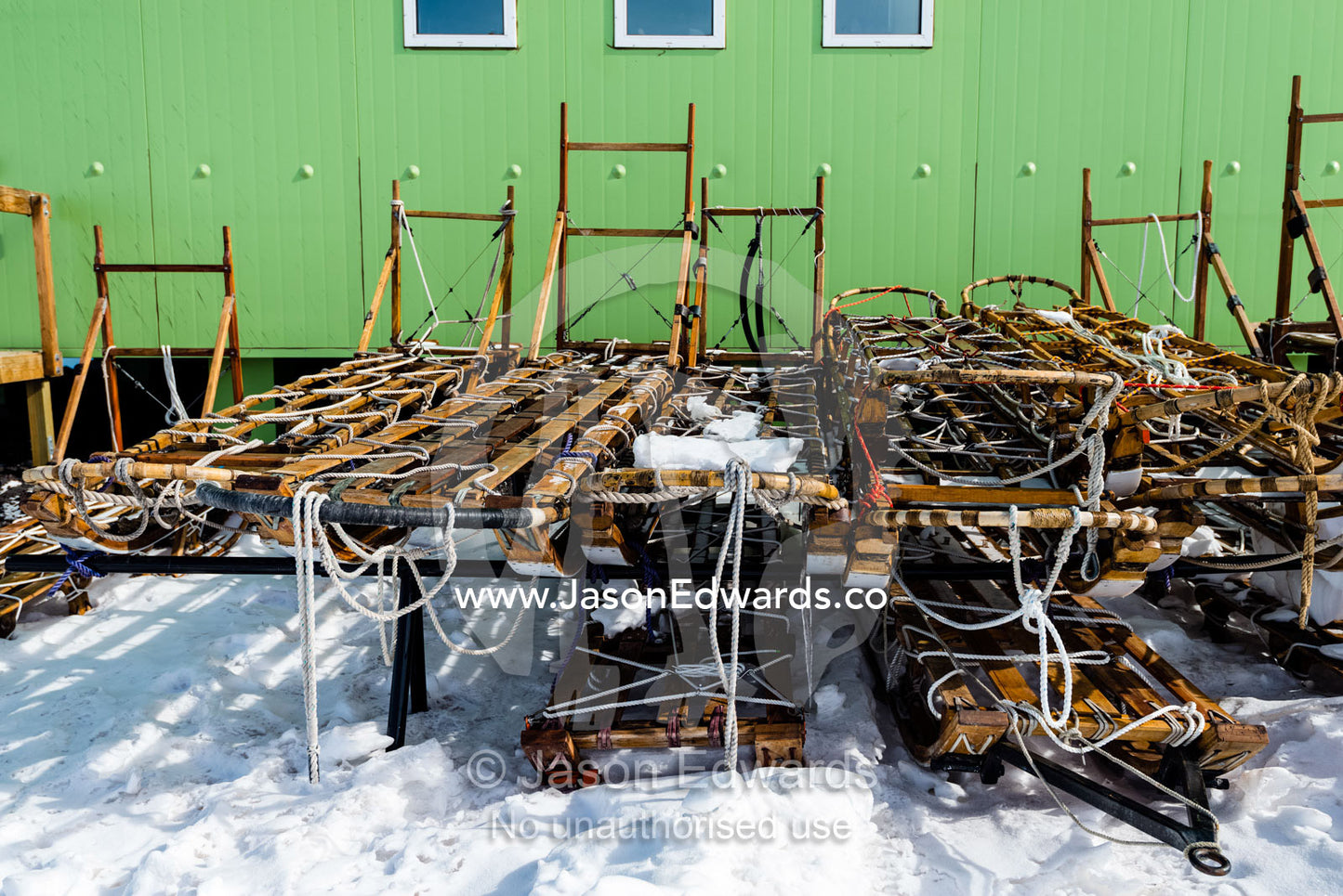 Timber sleds used for carrying equipment across the sea ice and Ross Ice Shelf. Scott Base, Pram Point, Hut Point Peninsula, Ross Island, Antarctica.