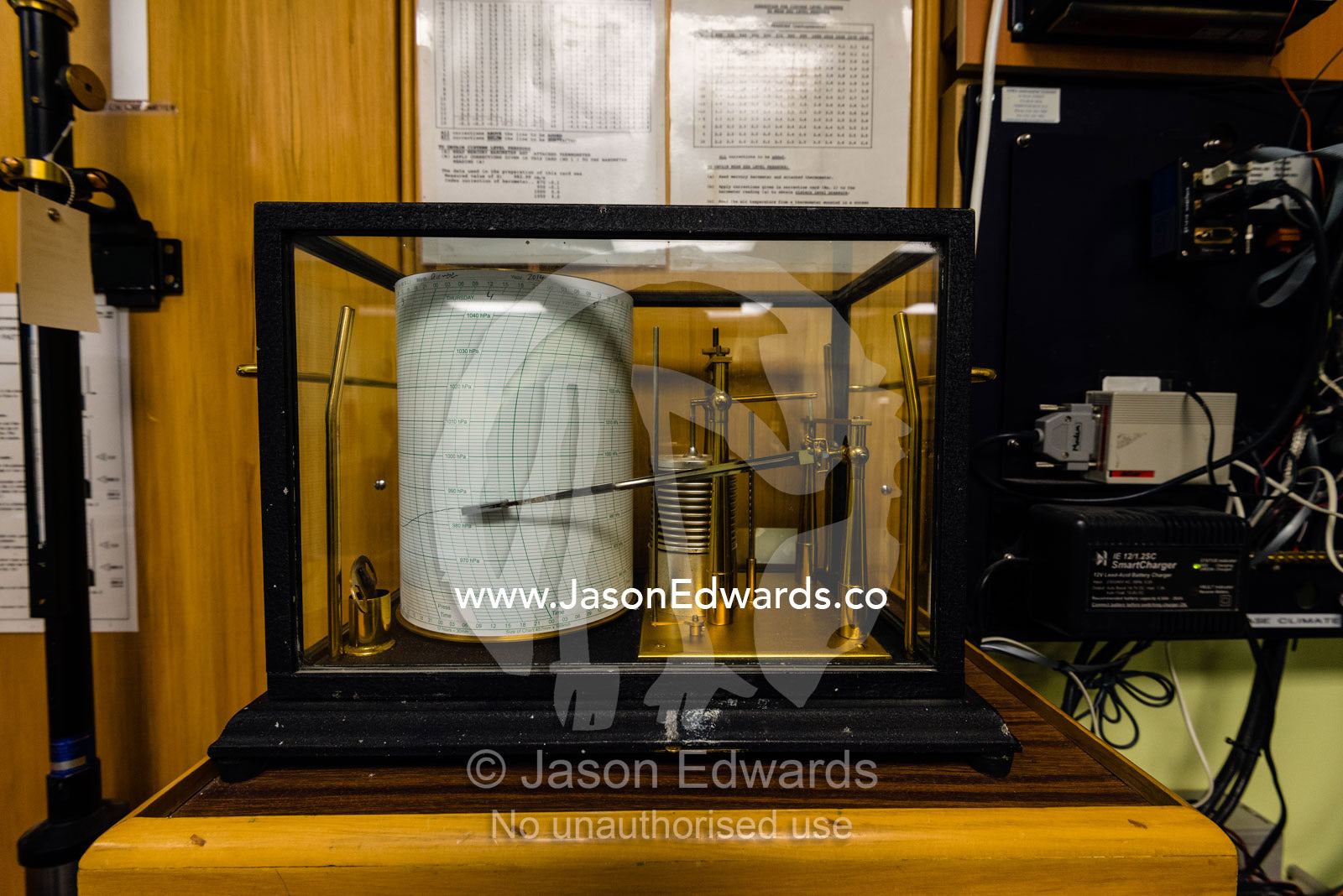 A Barograph measures barometric pressure in Antarctica. Hatherton Laboratory, Scott Base, Pram Point, Hut Point Peninsula, Ross Island, Antarctica.
