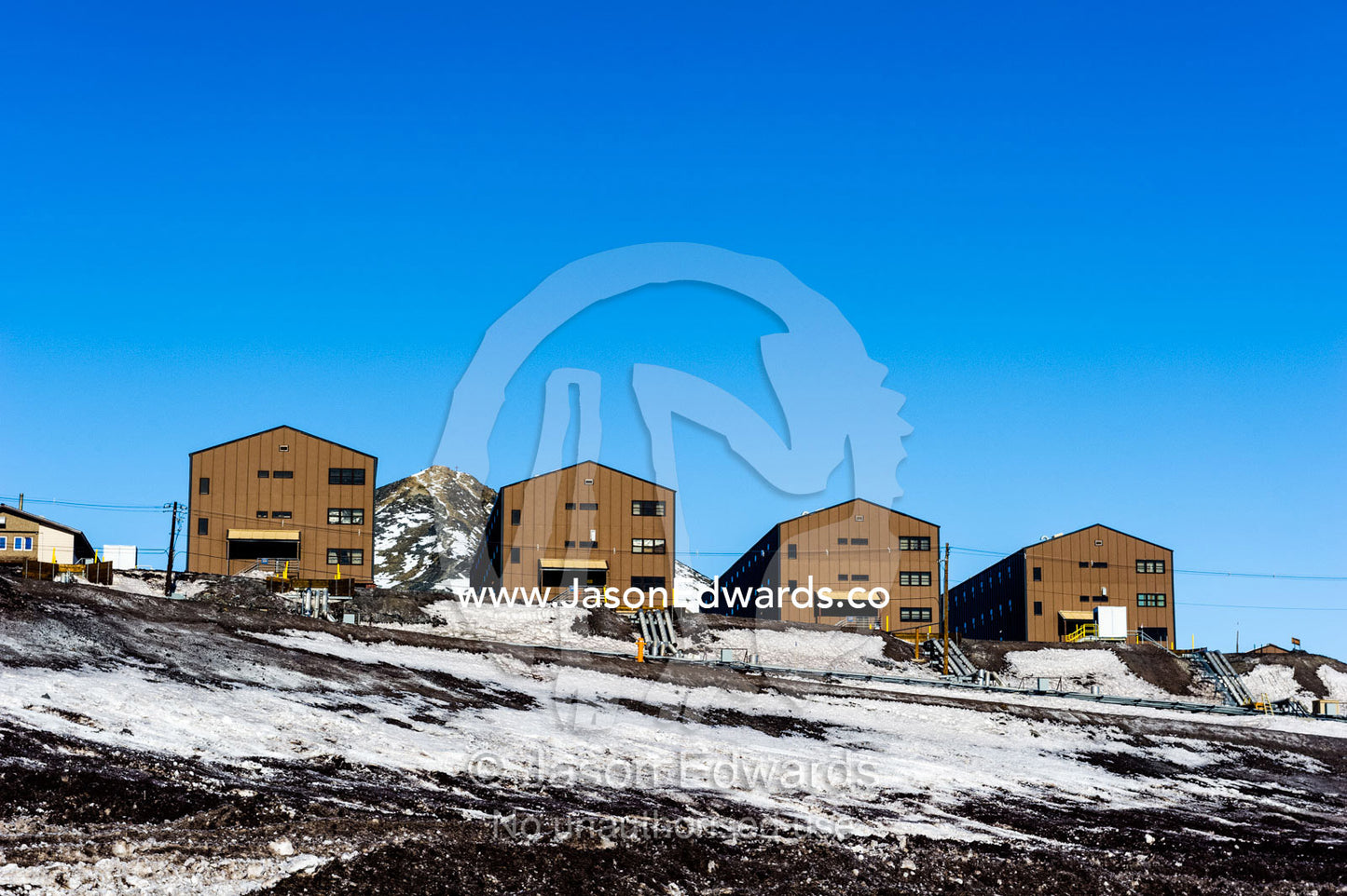 Rows of dormitory block accommodation on a hilltop at McMurdo Station. McMurdo Station, Ross Island, Antarctica.
