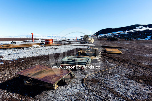 Timber pallets at a wharf and dock construction site at McMurdo Station. Hut Point, McMurdo Station, Ross Island, Antarctica.