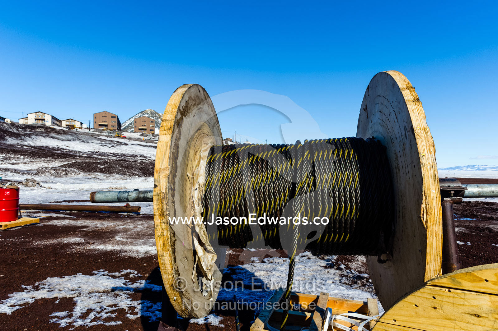 A large roll of metal braided cable at a wharf and dock construction site at McMurdo Station. Hut Point, McMurdo Station, Ross Island, Antarctica.