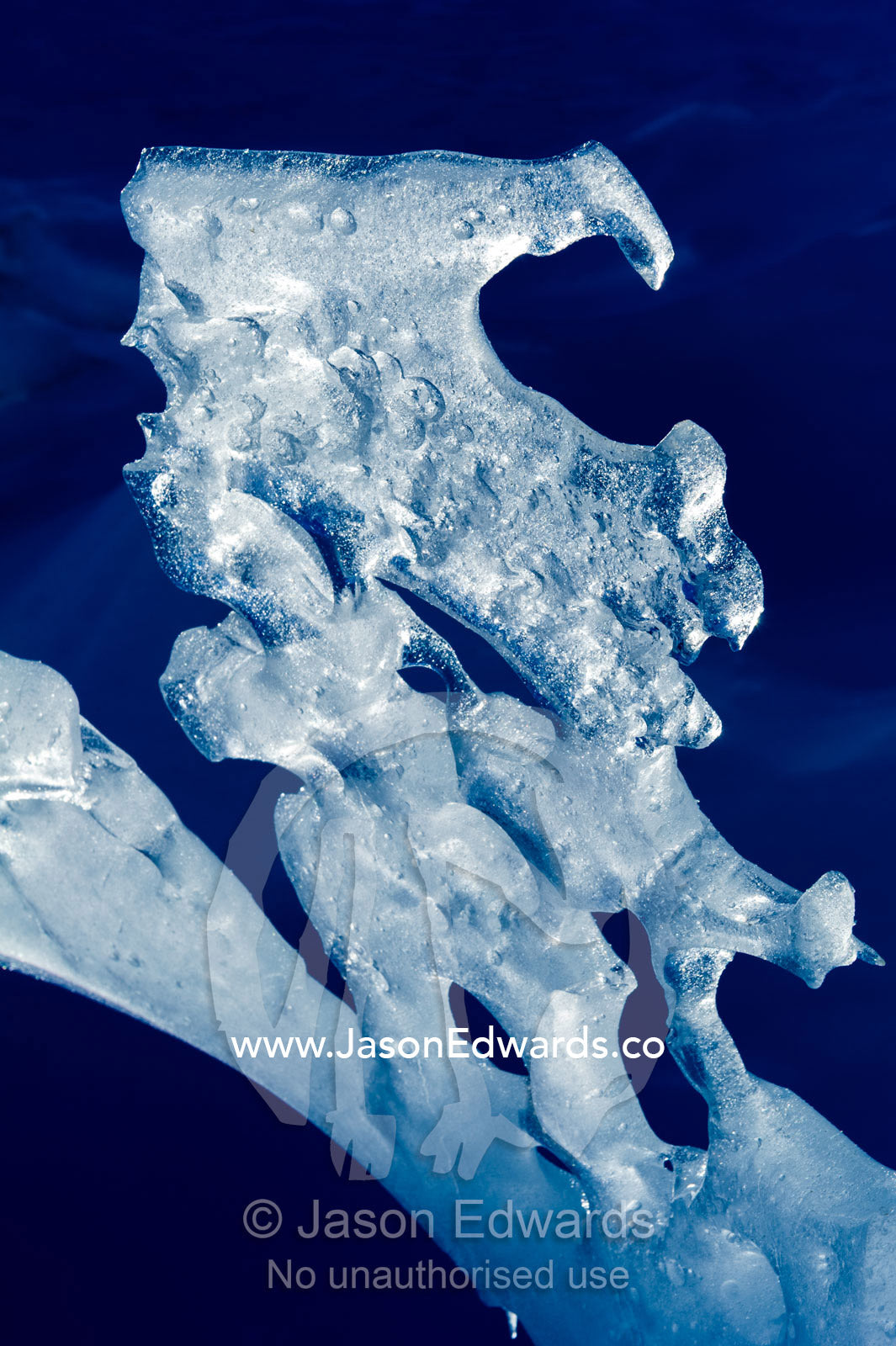 The sculptured jagged edge of a sea ice pressure ridge backlit by the sun. Pram Point, McMurdo Sound, Ross Island, Antarctica.