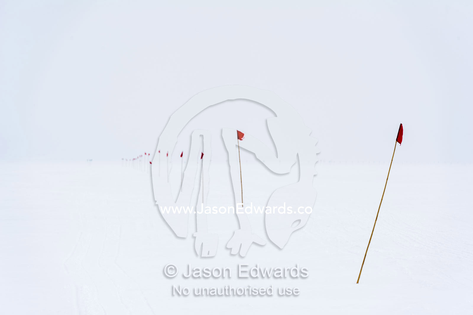 A red flag highlights a safe route across the sea ice. Cape Armitage, McMurdo Sound, Ross Island, Antarctica.