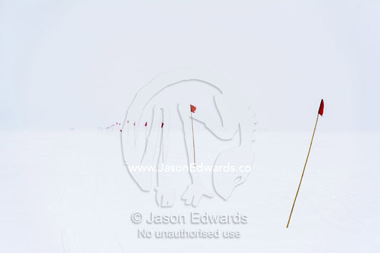 A red flag highlights a safe route across the sea ice. Cape Armitage, McMurdo Sound, Ross Island, Antarctica.