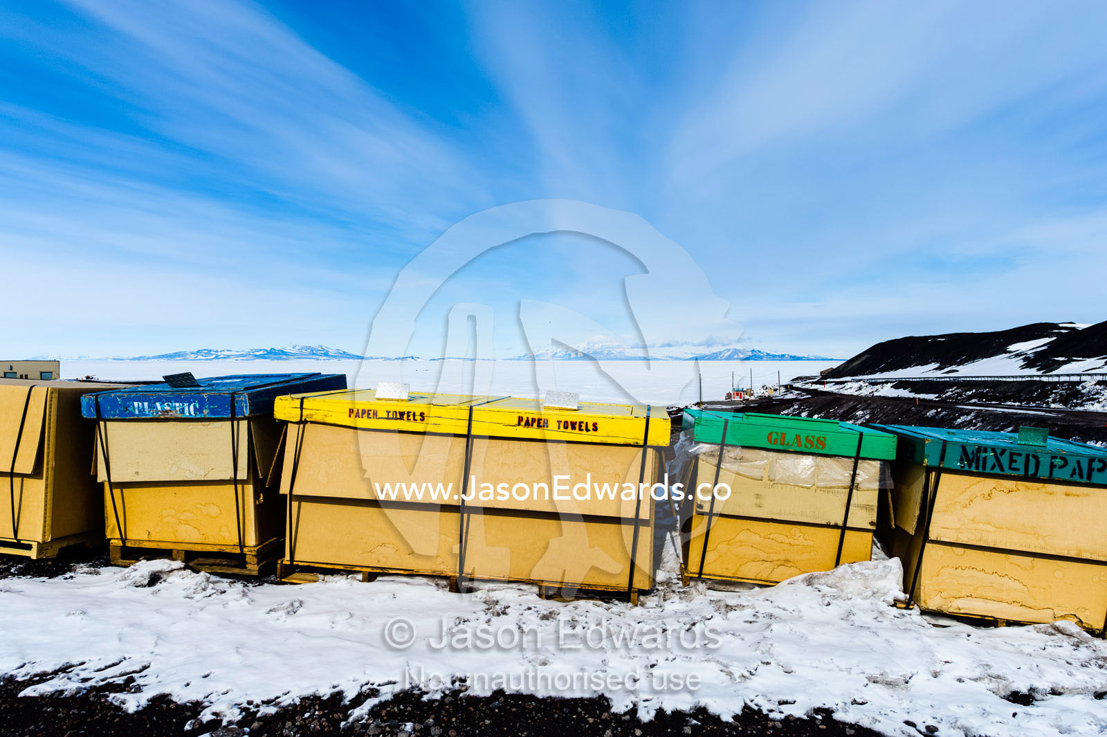 Garbage waste and recycling waiting to be shipped out of Antarctica. McMurdo Station, Ross Island, Antarctica.