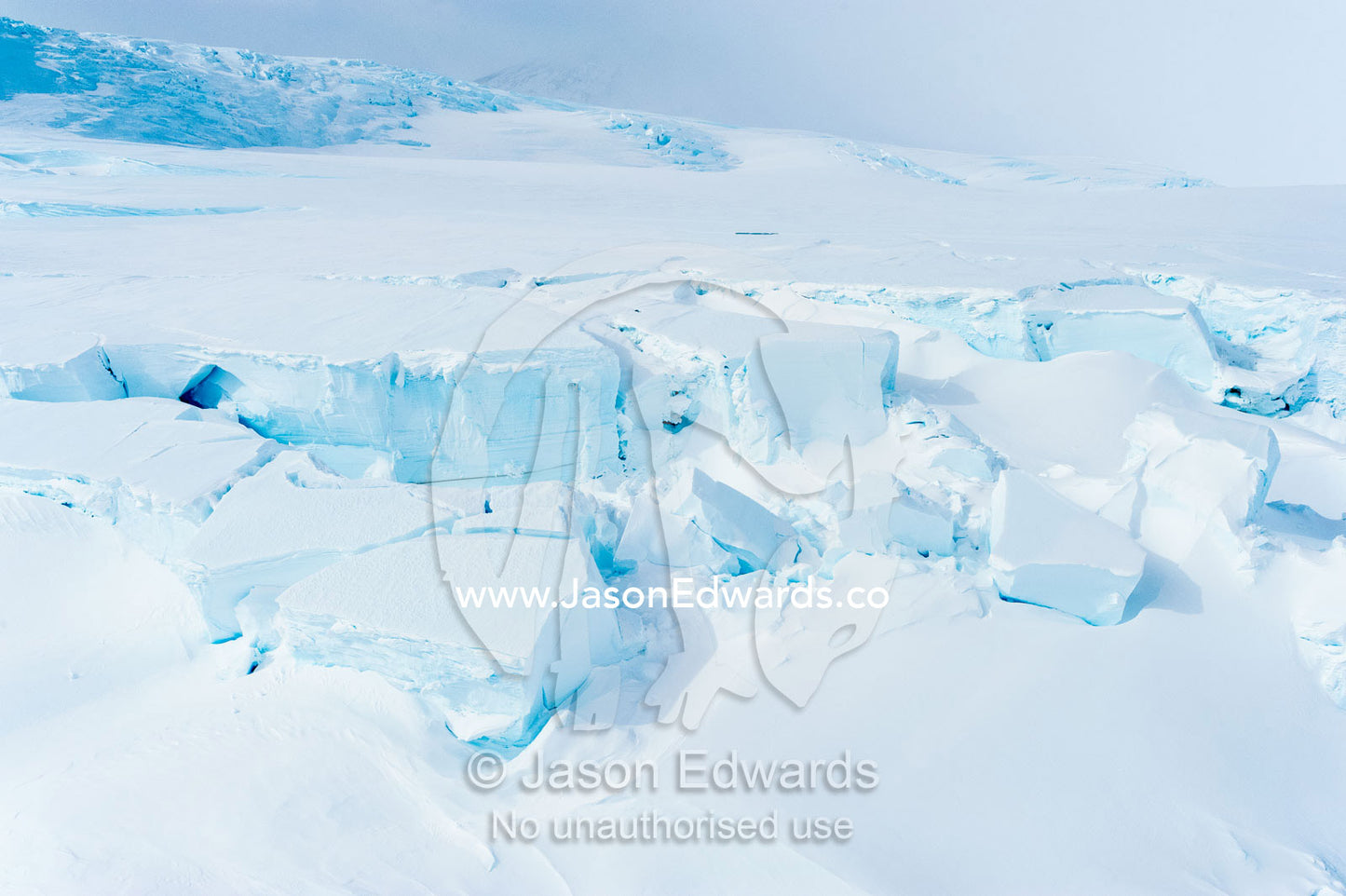 Treacherous crevasse scour the surface of a glacier leading onto the sea ice in Antarctica. Esser Bluff, Mount Erebus, Ross Island, Antarctica.