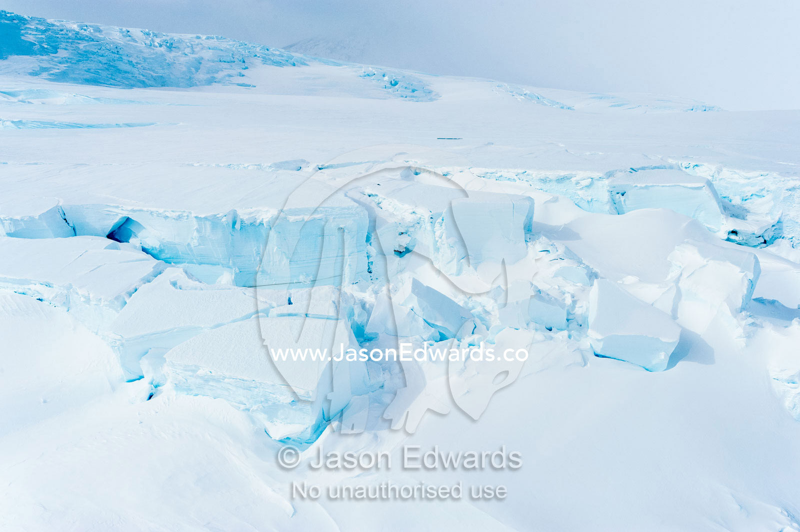 Treacherous crevasse scour the surface of a glacier leading onto the sea ice in Antarctica. Esser Bluff, Mount Erebus, Ross Island, Antarctica.