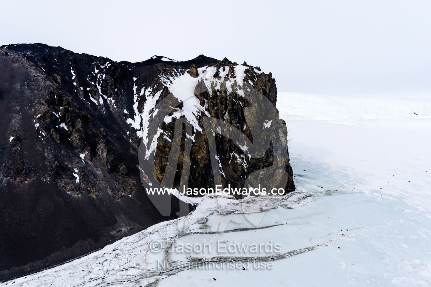Pressure ridges in the sea ice crack against sheer rocky cliffs in Antarctica. Turks Head, Turks Head Bay, Ross Island, Antarctica.