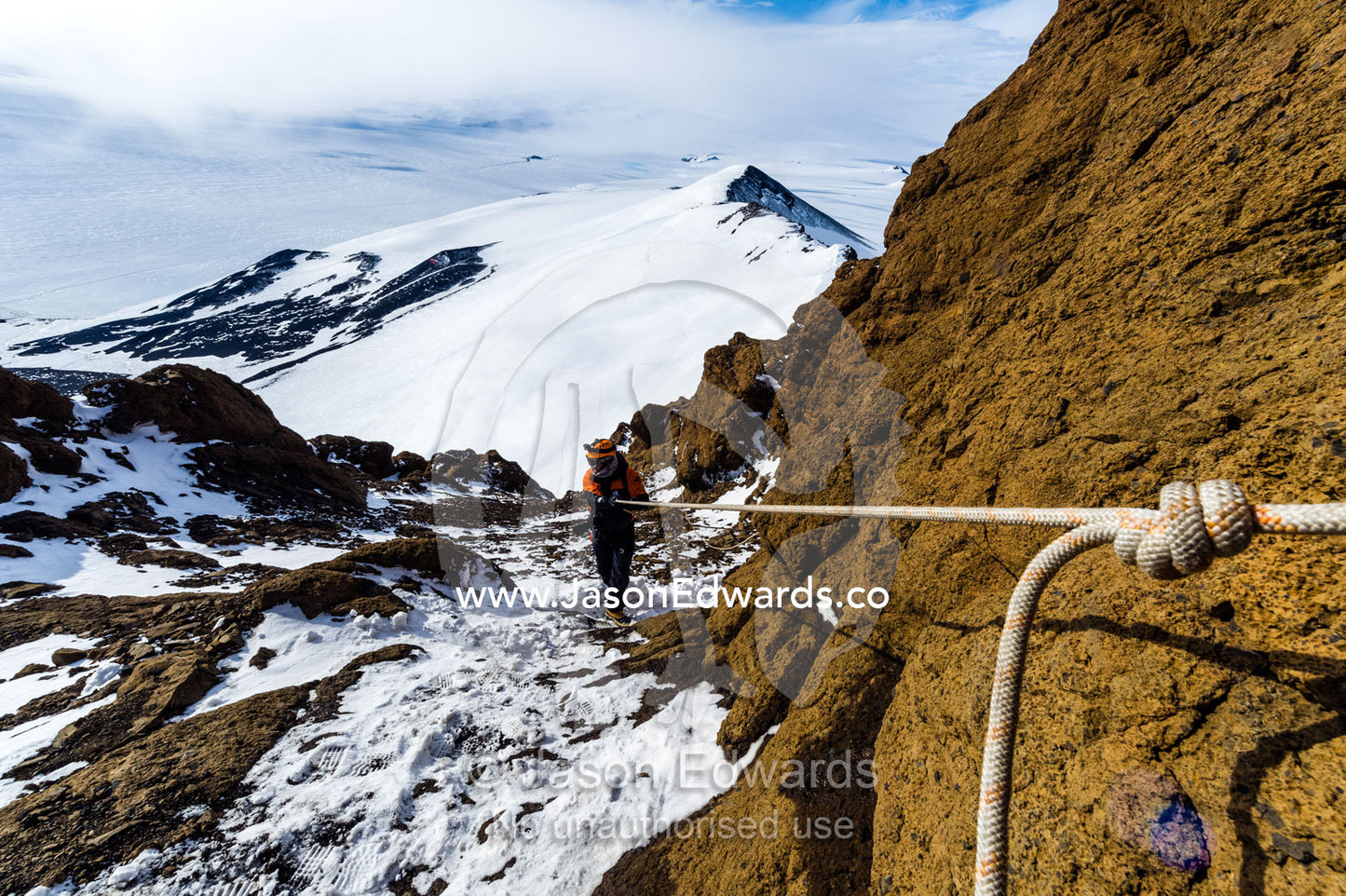 A knot in a climbing rope on a cliff in Antarctica. Castle Rock, Hut Point Peninsula, Ross Island, Antarctica.