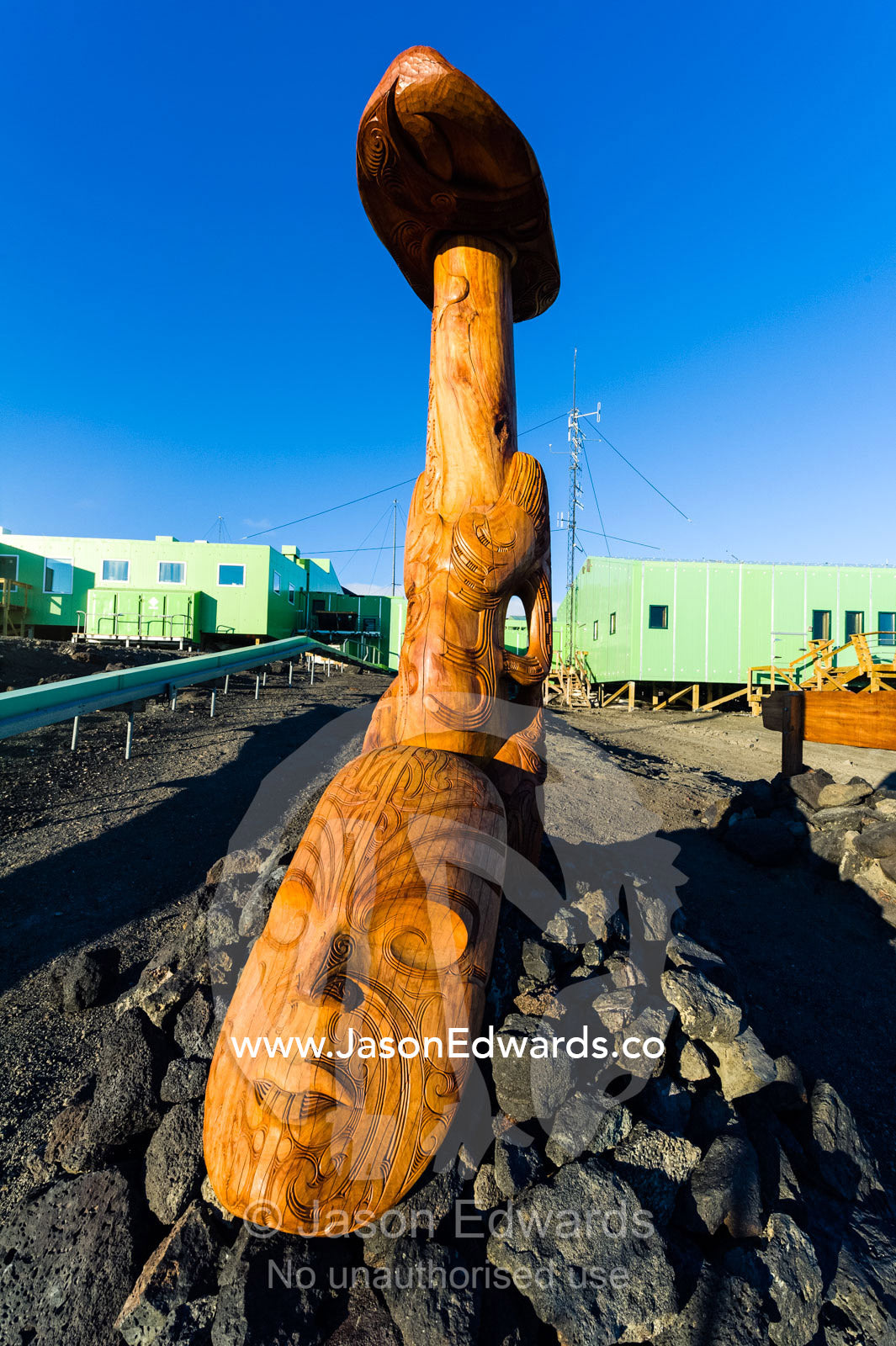 A Maori totara carving of Pouwhenua at Scott Base in Antarctica. Scott Base, Pram Point, Hut Point Peninsula, Ross Island, Antarctica.