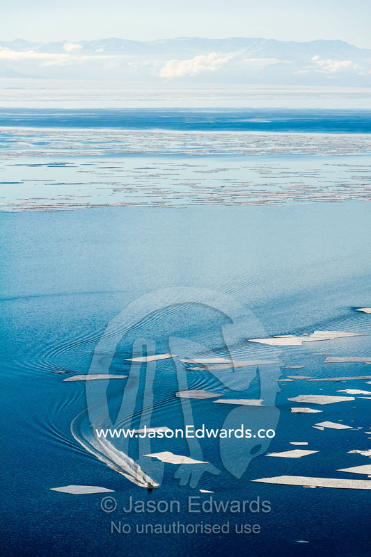 An inflatable zodiac transports sailors from a US naval vessel through sea ice that is breaking up. McMurdo Sound, McMurdo Station, Ross Island, Antarctica.