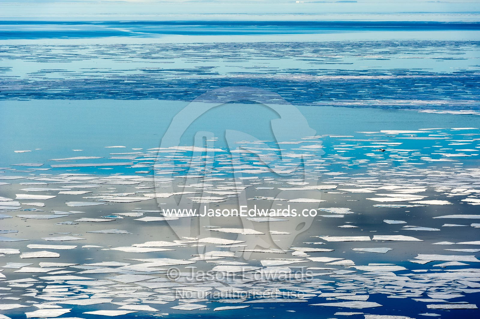 Sunlight and clouds reflecting off the ocean surface between icebergs. McMurdo Sound, Ross Island, Antarctica.