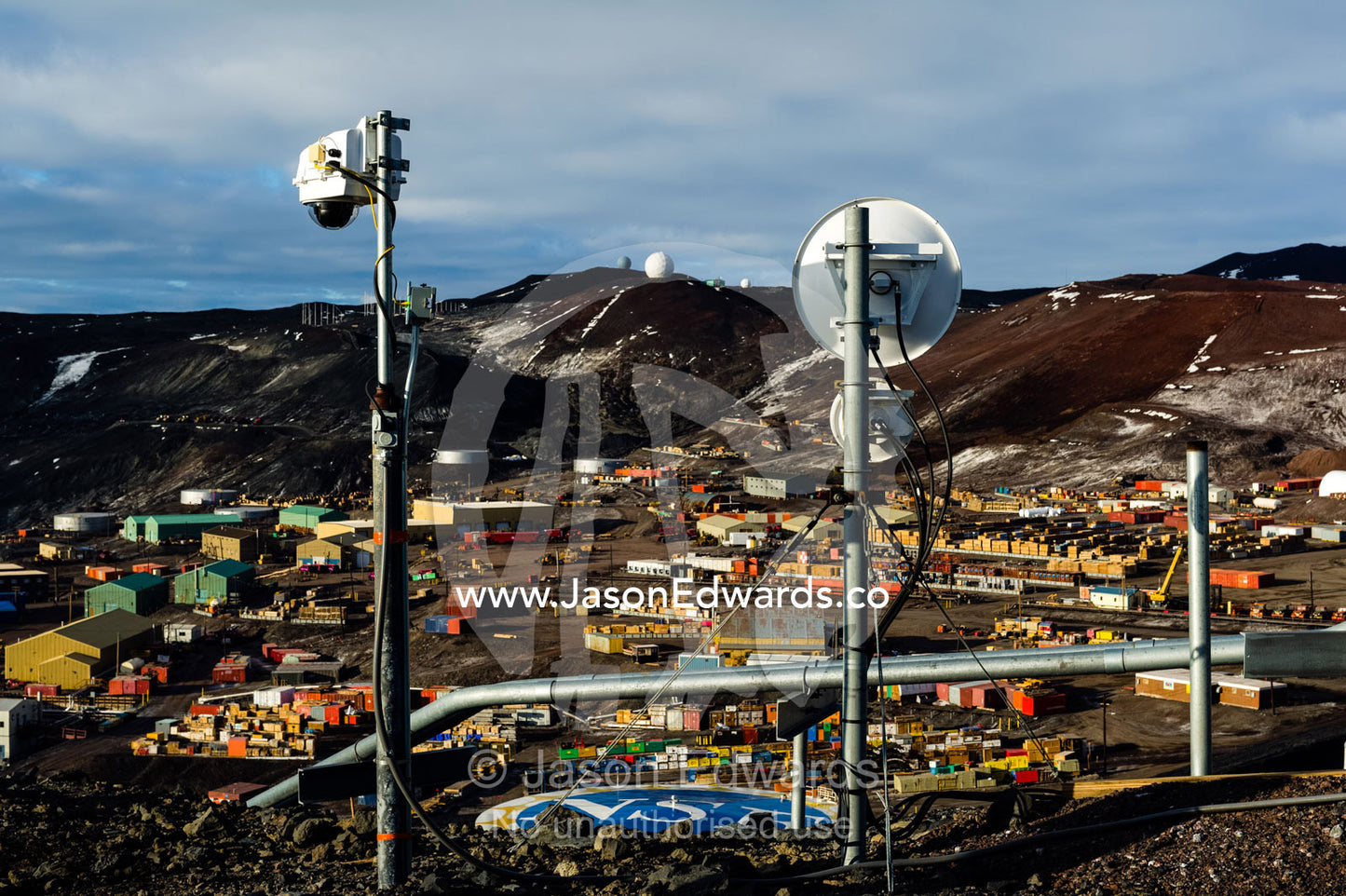 A dangerous microwave radiation research site above McMurdo Station. McMurdo Station, Ross Island, Antarctica.