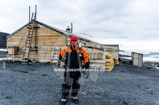 National Geographic photographer Jason Edwards at Robert Falcon Scott's Hut in Antarctica. Scott's Hut, Cape Evans, Ross Island, Antarctica.