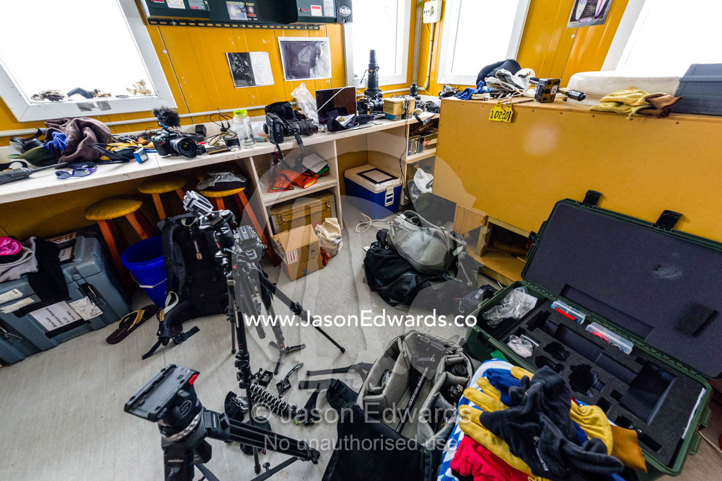 National Geographic photographer Jason Edwards camera gear in a remote research station in Antarctica. Cape Bird, Ross Island, Antarctica.