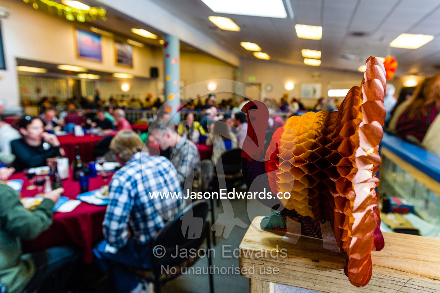 Antarctic staff share food for Thanksgiving in a restaurant on an Antarctic base. McMurdo Station, Ross Island, Antarctica.
