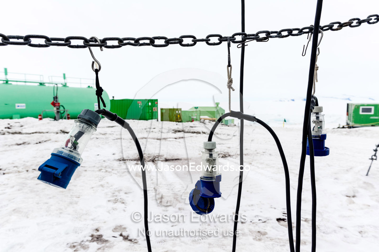 Electricity plugs used to keep vehicle batteries charged in the Antarctic cold. Scott Base, Pram Point, Hut Point Peninsula, Ross Island, Antarctica.