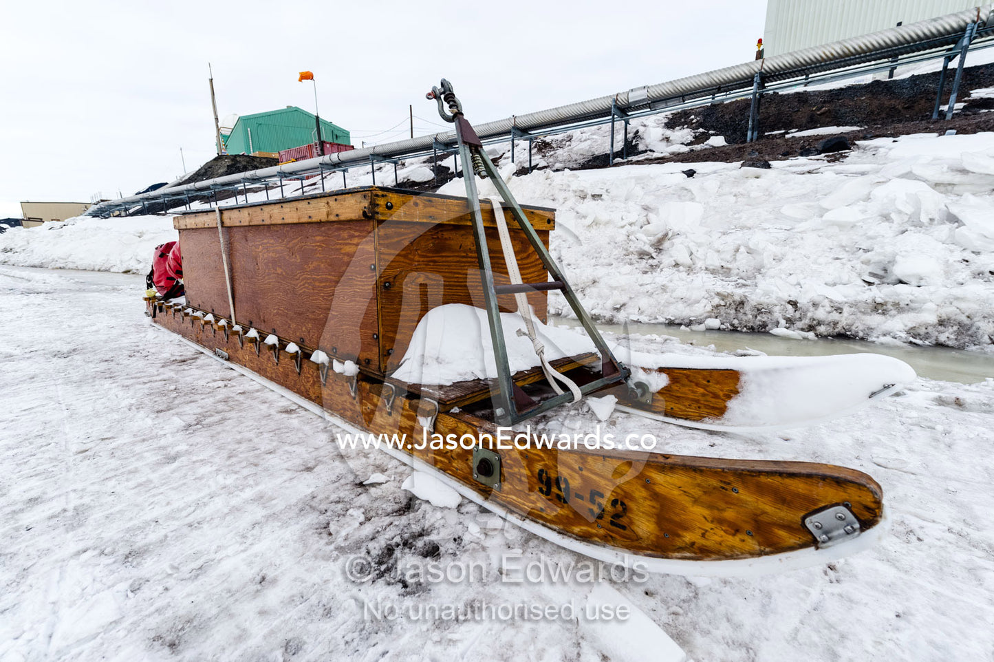 A timber sled used to transport equipment across the sea ice in Antarctica. McMurdo Station, Ross Island, Antarctica.
