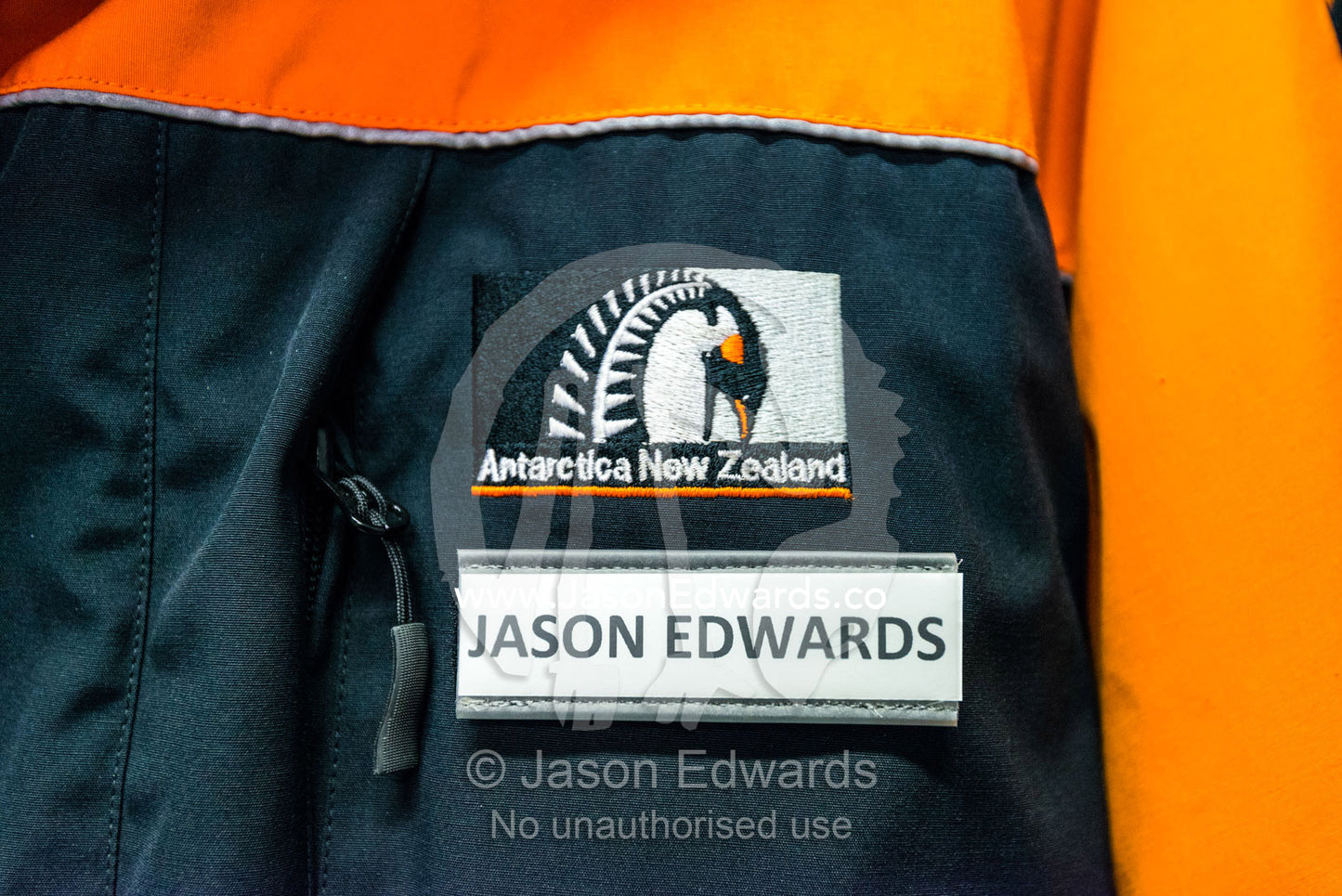 A name badge on Antarctic survival clothing. Antarctica New Zealand, Christchurch, New Zealand.