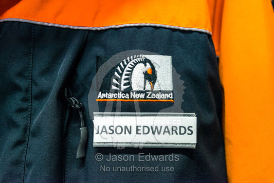A name badge on Antarctic survival clothing. Antarctica New Zealand, Christchurch, New Zealand.