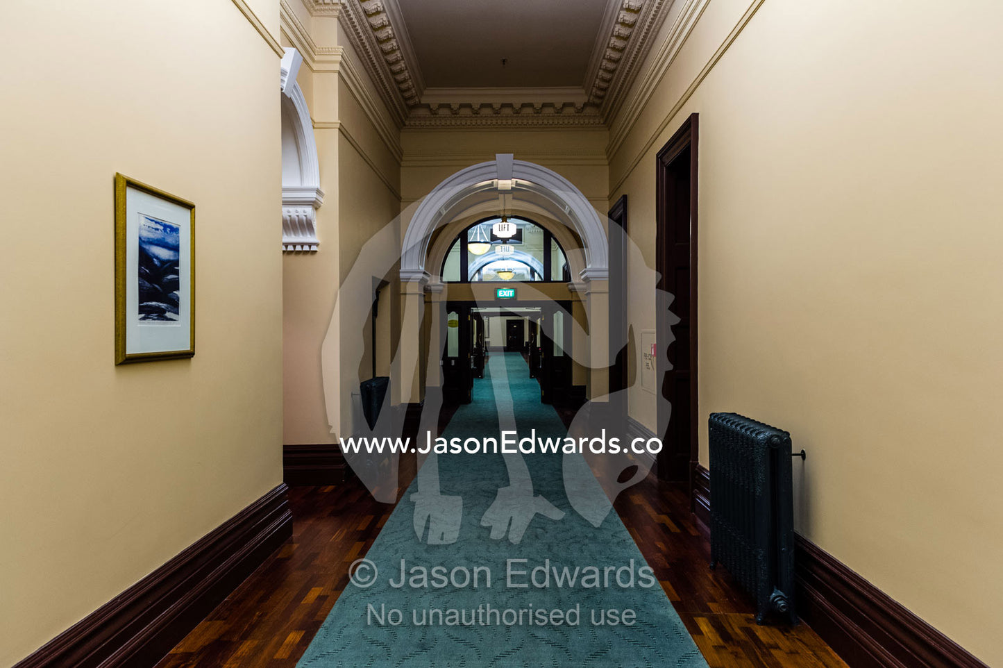 The corridor of a heritage building converted into an upmarket hotel. Heritage Hotel Christchurch, Christchurch, New Zealand.