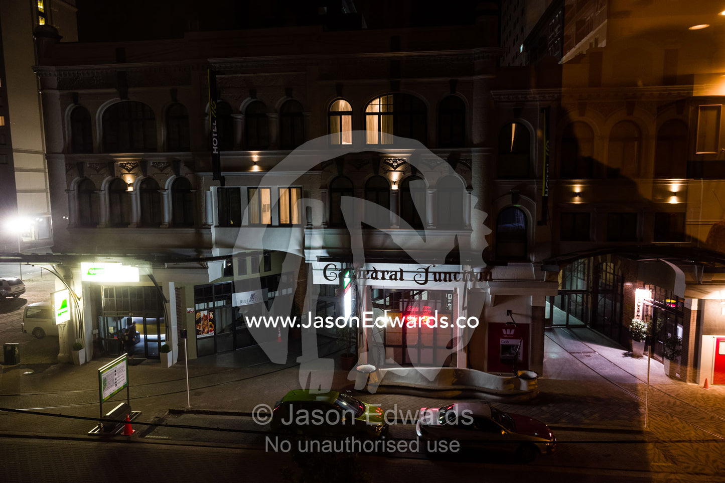 A street scene late at night in Christchurch. Christchurch, New Zealand.