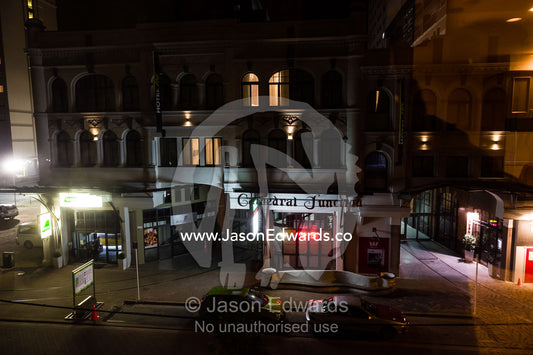 A street scene late at night in Christchurch. Christchurch, New Zealand.