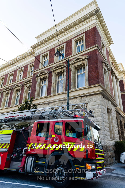 A fire engine outside of a hotel after a false alarm. Christchurch, New Zealand.