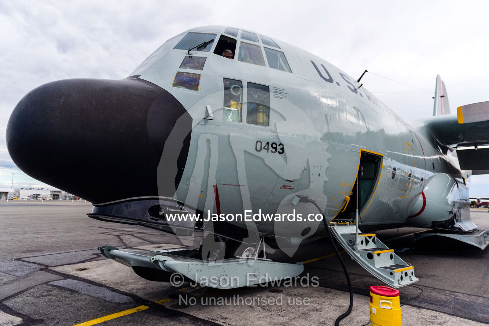 A US air force Hercules waits on the tarmac before departing for Antarctica. Antarctica New Zealand, Christchurch, New Zealand.