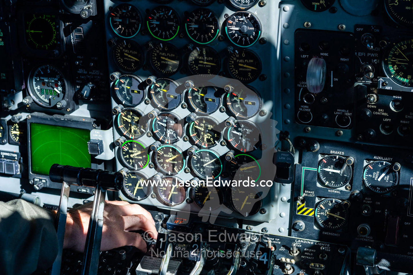 Dials and instruments on the cockpit console of a US Air force Hercules. Ross Sea, Antarctica.