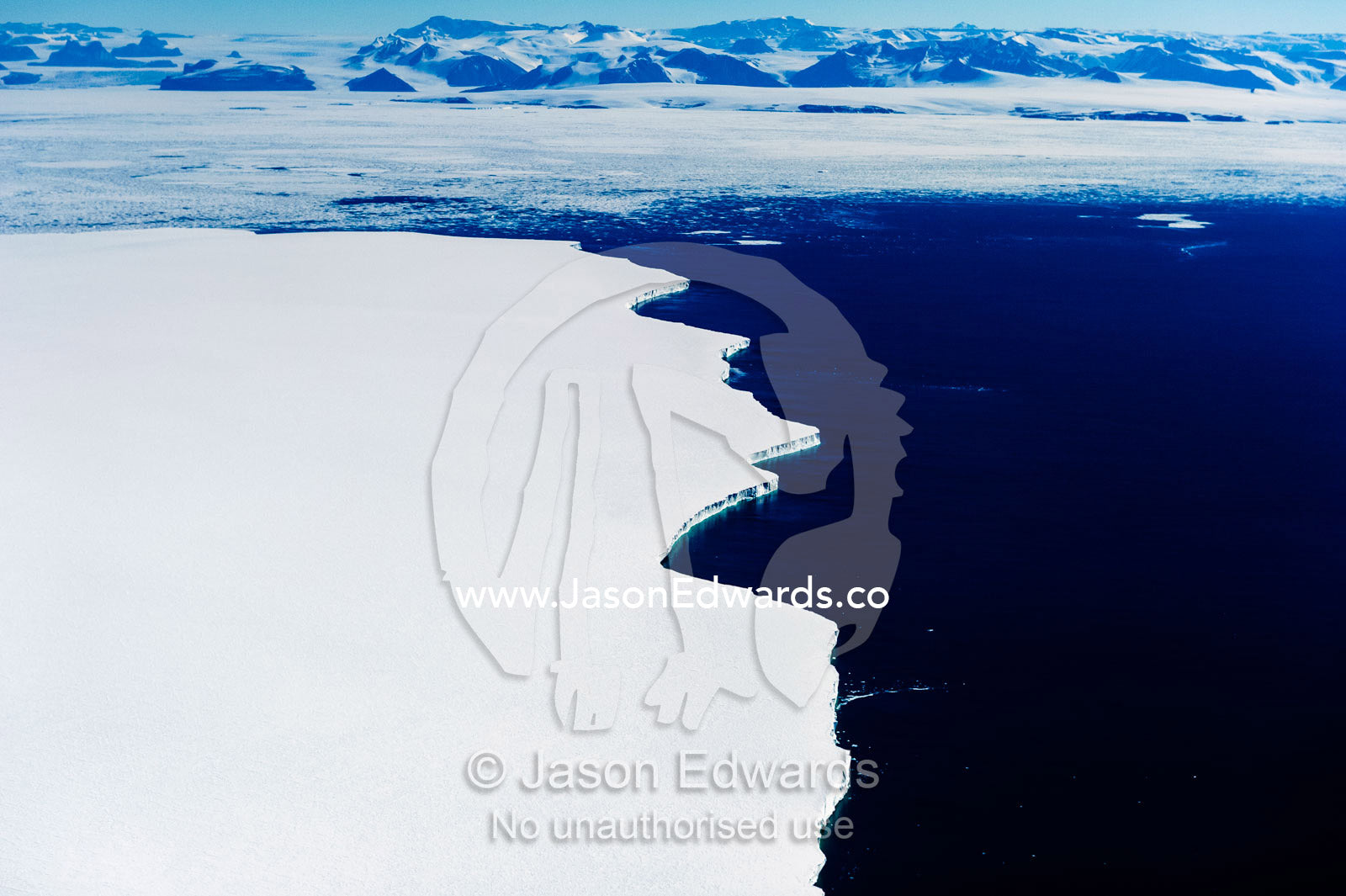 The leading ice edge of a glacier extends across open ocean during the Antarctic summer. Ross Sea, Antarctica.