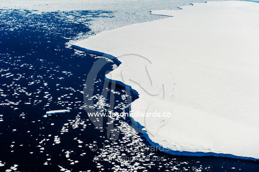 The leading ice edge of a glacier extends across open ocean during the Antarctic summer. Ross Sea, Antarctica.