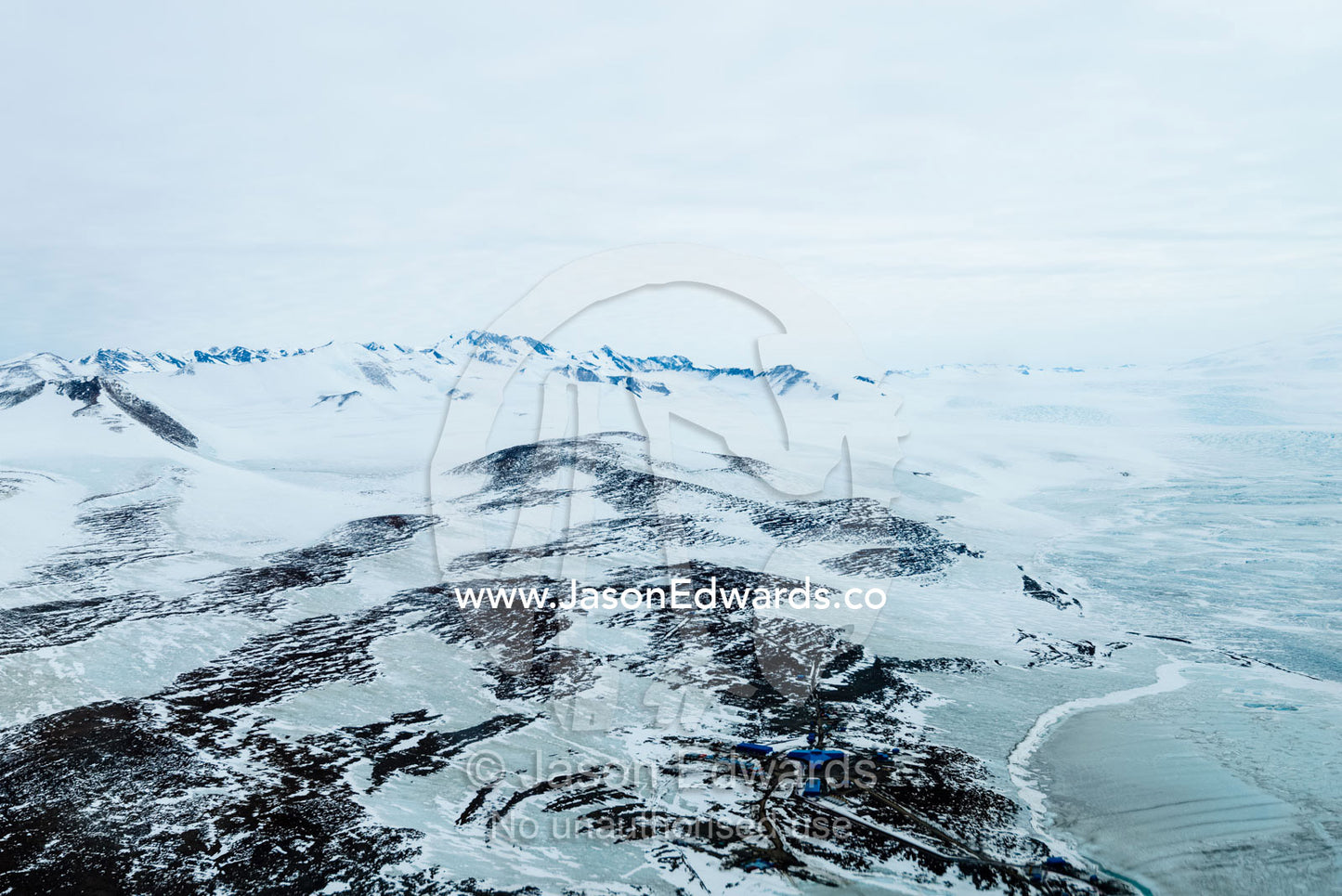 South Korea's Jan Bogo Station on a bleak mountainside overlooking the ocean in Antarctica. Jang Bogo Station, Barton Peninsula, King George Island, Terra Nova Bay, Victoria Land, Antarctica.