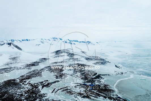 South Korea's Jan Bogo Station on a bleak mountainside overlooking the ocean in Antarctica. Jang Bogo Station, Barton Peninsula, King George Island, Terra Nova Bay, Victoria Land, Antarctica.