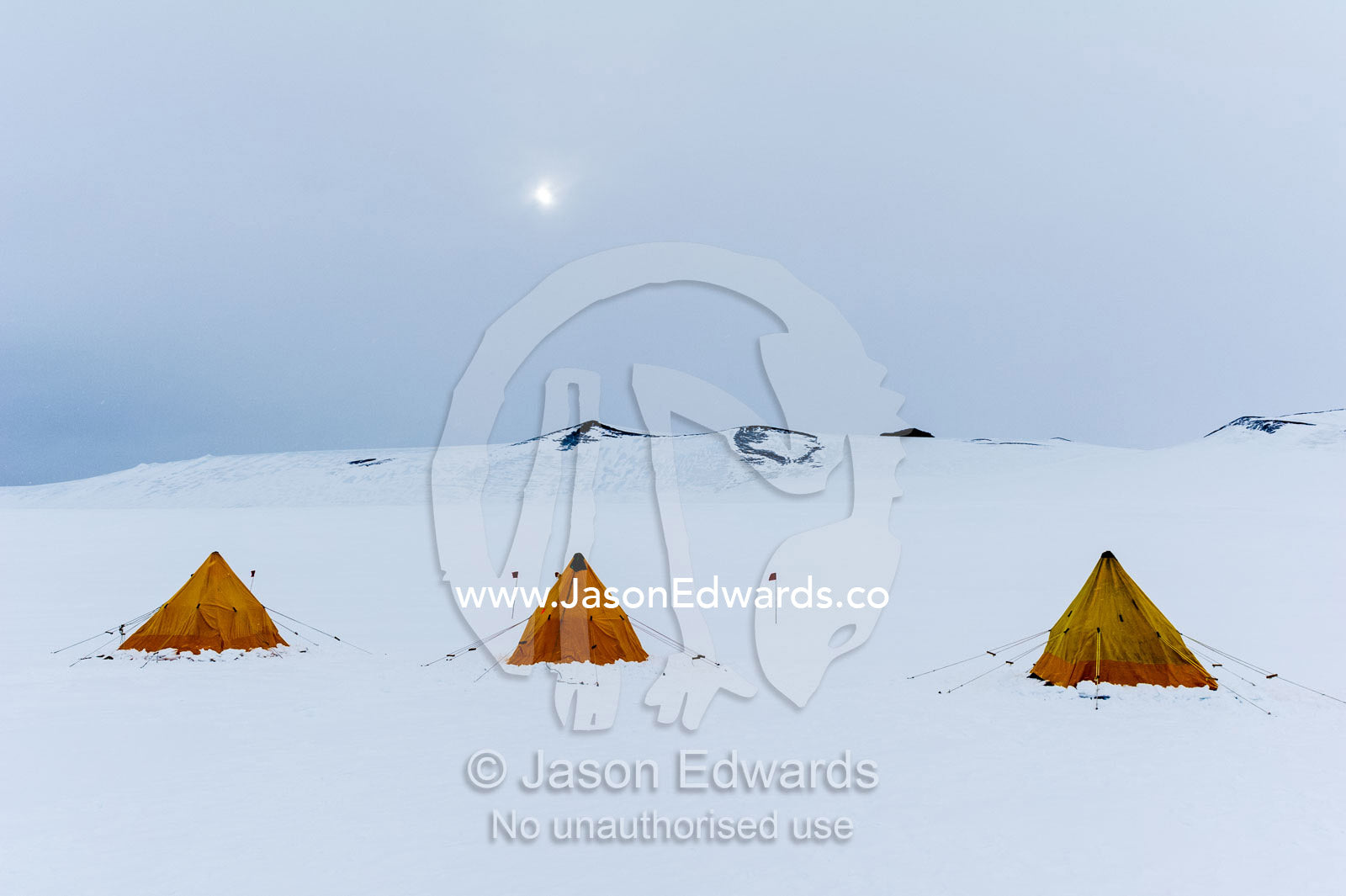 Bright yellow tents in a blizzard lined-up on the Ross Ice Shelf during a survival training course. Windless Bight, Ross Ice Shelf, Ross Island, Antarctica.