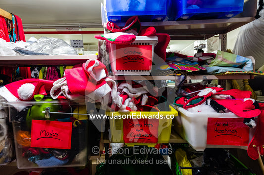 Christmas decorations, costumes and Santa hats in an Antarctic base storeroom. Scott Base, Pram Point, Hut Point Peninsula, Ross Island, Antarctica.