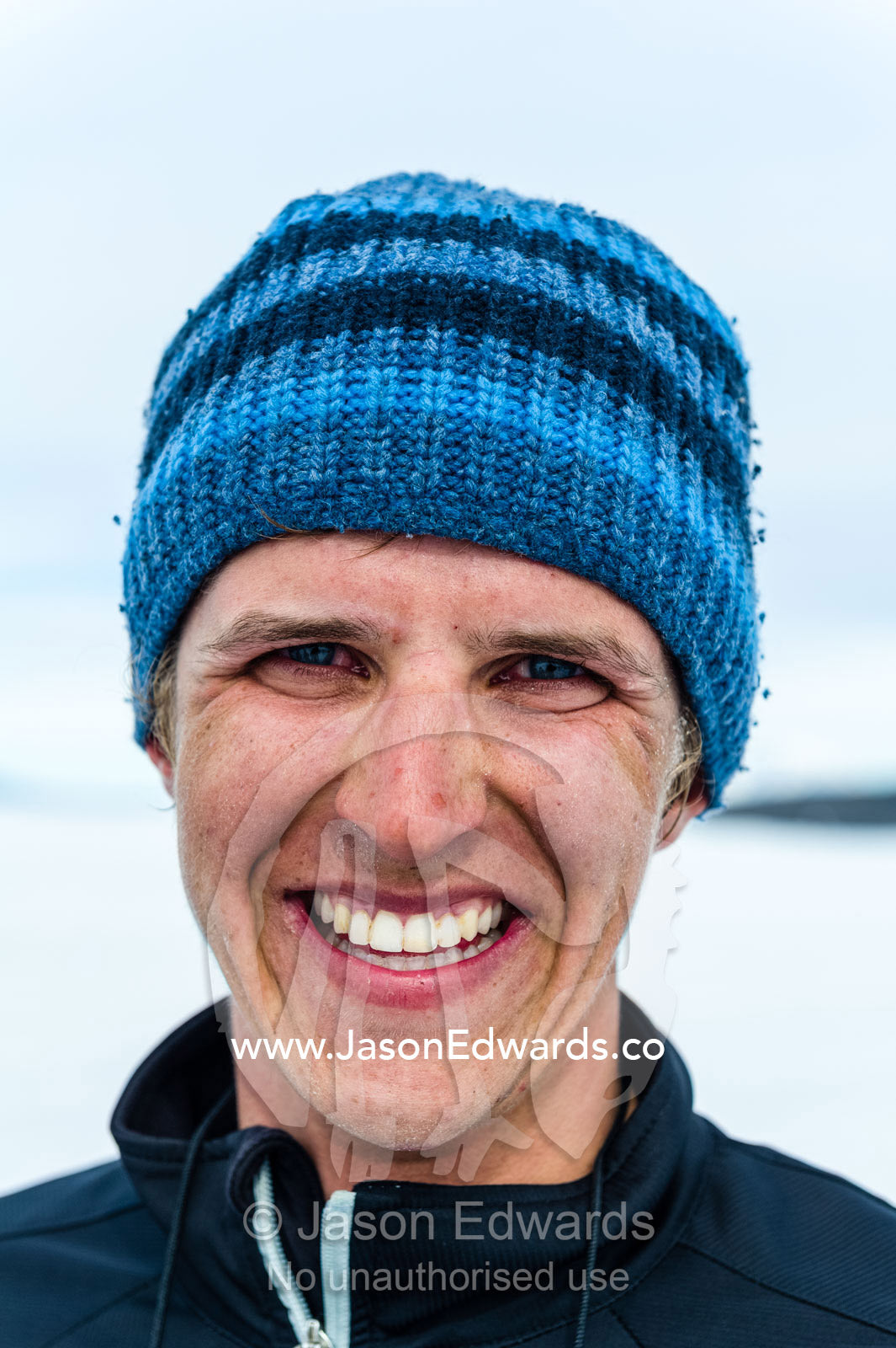 The smiling face of the winner of the Antarctic marathon. Ross Ice Shelf, Ross Island, Antarctica.
