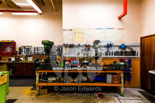 A workbench and drill press in a workshop at a research base in Antarctica. Scott Base, Pram Point, Hut Point Peninsula, Ross Island, Antarctica.