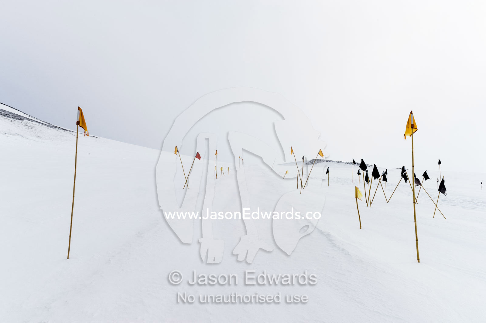Crevasse warning flags mark a safe path for skidoos and Hagglund ice vehicles. Castle Rock Road, Hut Point Peninsula, Ross Island, Antarctica.