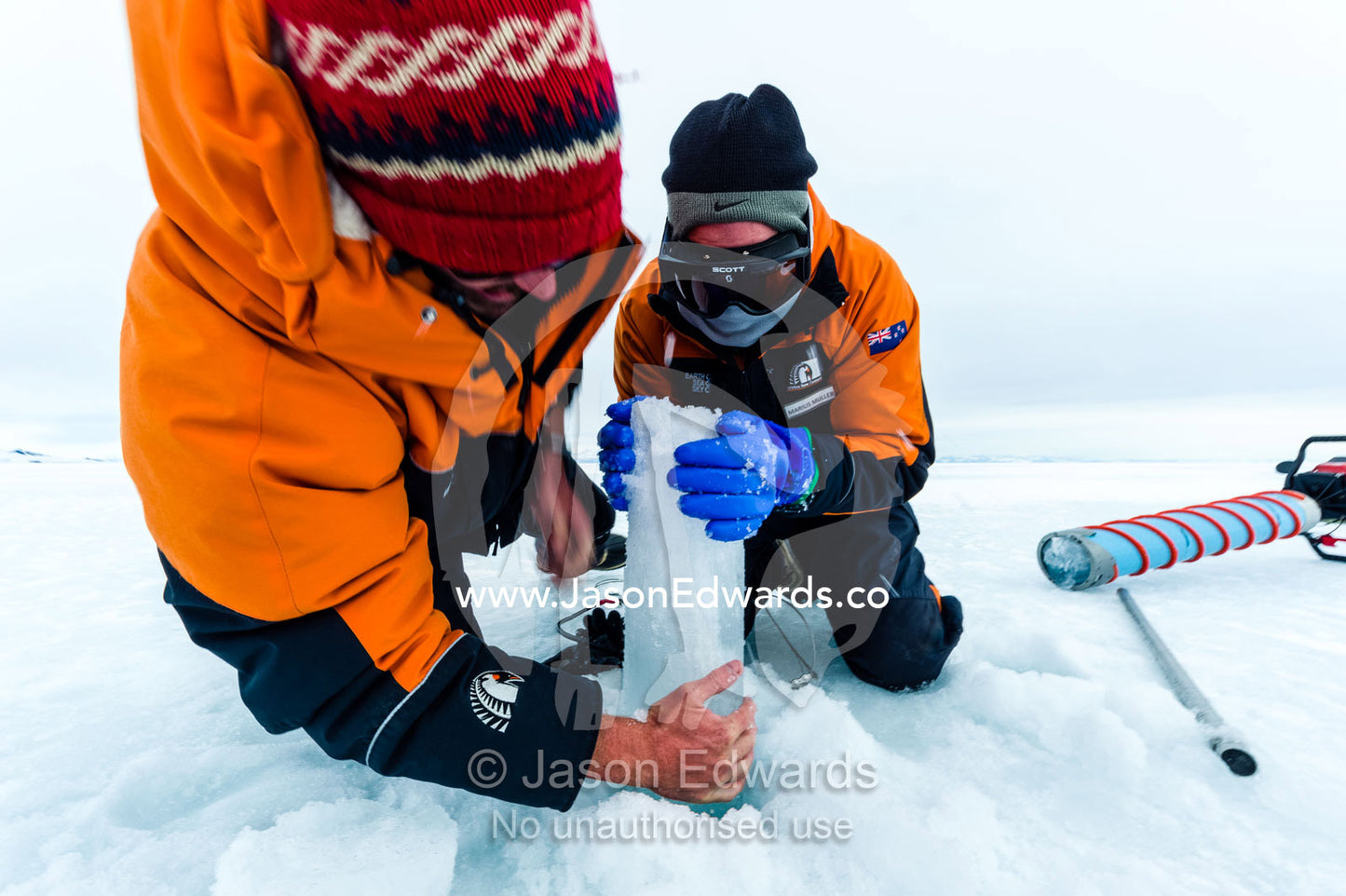 Researchers drill core samples from the sea ice to collect extremophiles to study. Turtle Rock, Erebus Bay, McMurdo Sound, Ross Island, Antarctica.