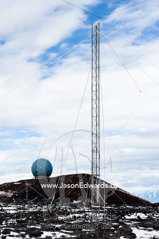 An antenna at the Antarctica New Zealand Science facility for upper atmospheric research and the Satellite Earth Station dome. Arrival Heights, Ross Island, Antarctica.