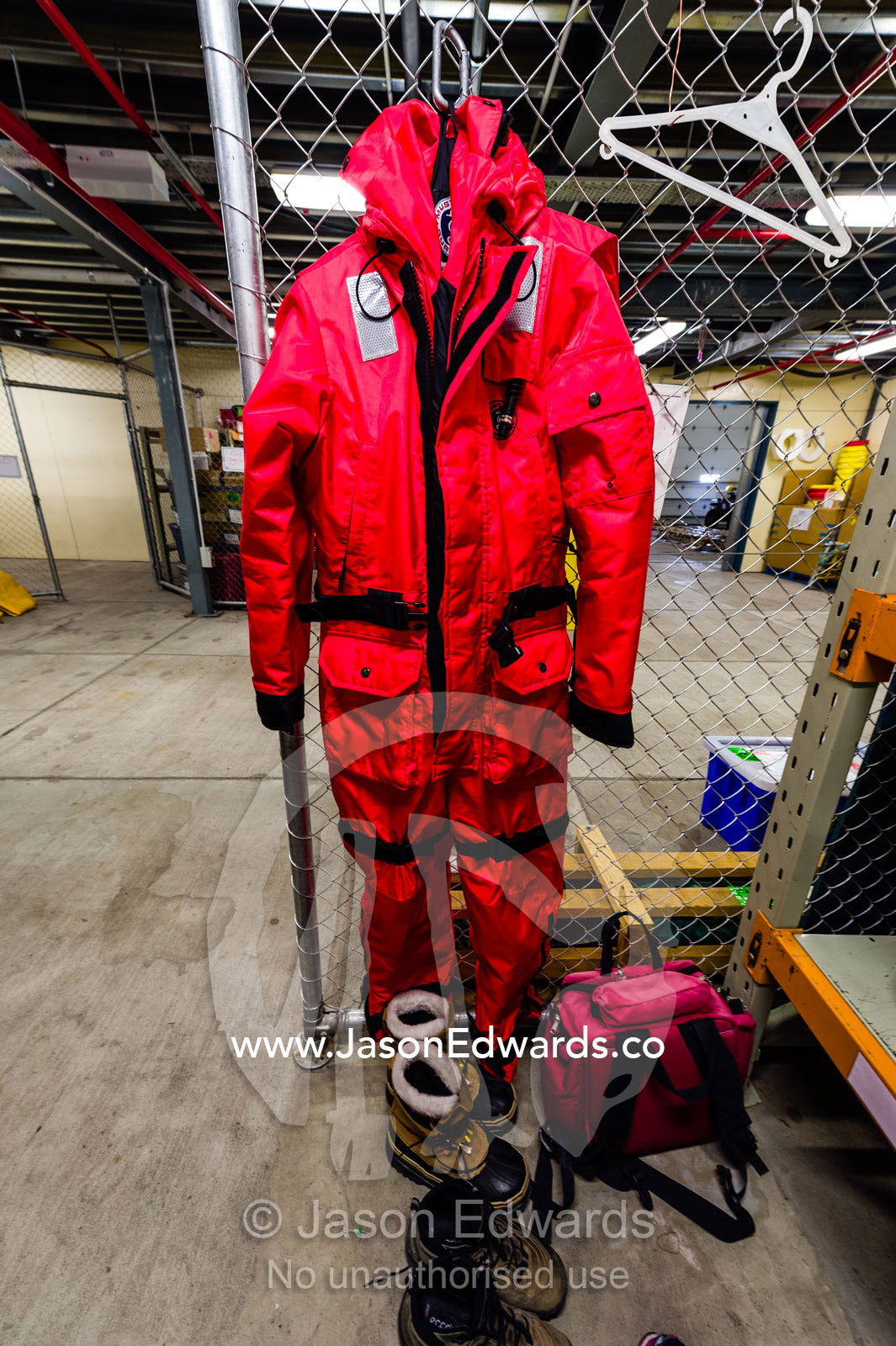 A killer whale researchers survival suit for working on the sea ice. Scott Base, Pram Point, Hut Point Peninsula, Ross Island, Antarctica.