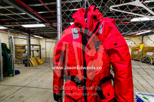 A killer whale researchers survival suit for working on the sea ice. Scott Base, Pram Point, Hut Point Peninsula, Ross Island, Antarctica.