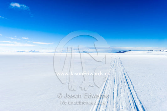 Skidoo tracks cross the frozen plain of the Ross Ice Shelf. Windless Bight, Ross Ice Shelf, Ross Island, Antarctica.