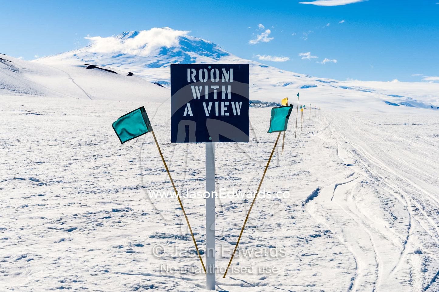 A room with a view sign leads to a sea ice demountable. Windless Bight, Ross Ice Shelf, Ross Island, Antarctica.