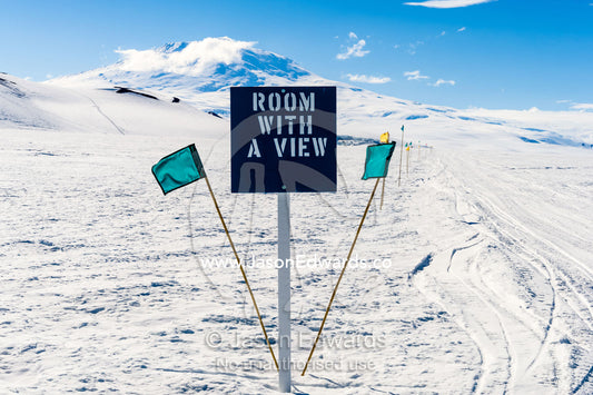 A room with a view sign leads to a sea ice demountable. Windless Bight, Ross Ice Shelf, Ross Island, Antarctica.