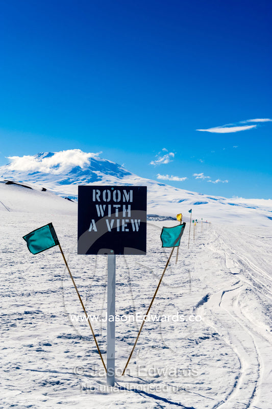 A room with a view sign leads to a sea ice demountable. Windless Bight, Ross Ice Shelf, Ross Island, Antarctica.